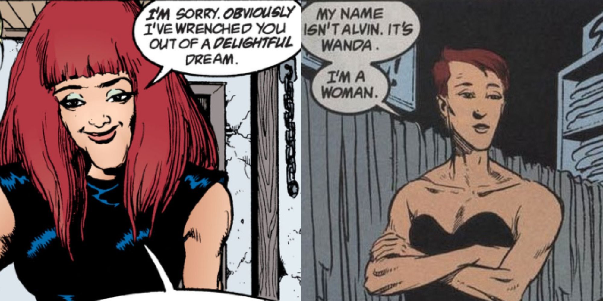 Split image of Wanda Mann with and without her wig in Sandman comics