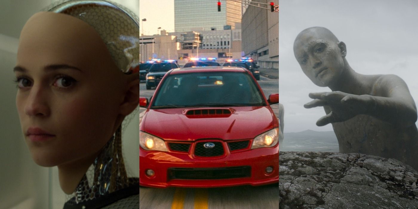 Split image of a humonoid robot in Ex Machina, a car chase in Baby Driver, and a giant woman in The Green Knight