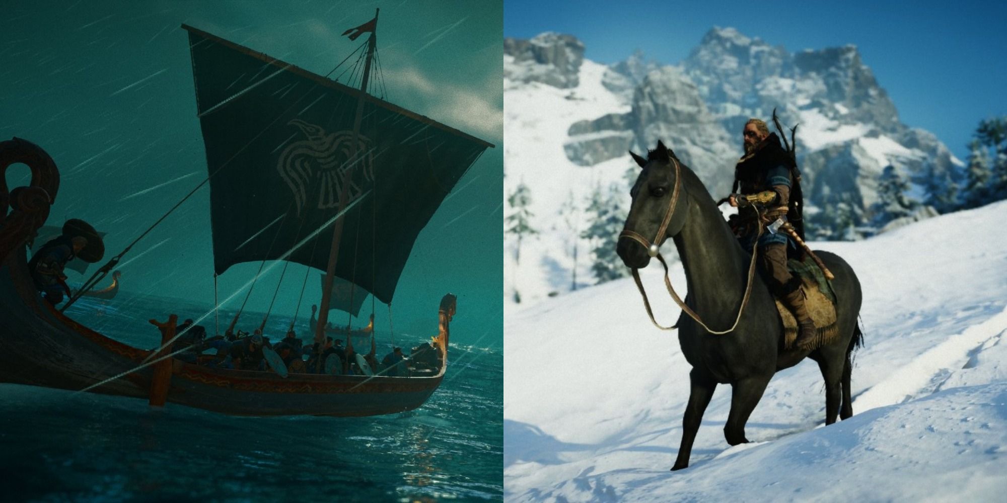 Split image of a longboat and horse and rider from Assassin's Creed: Valhalla