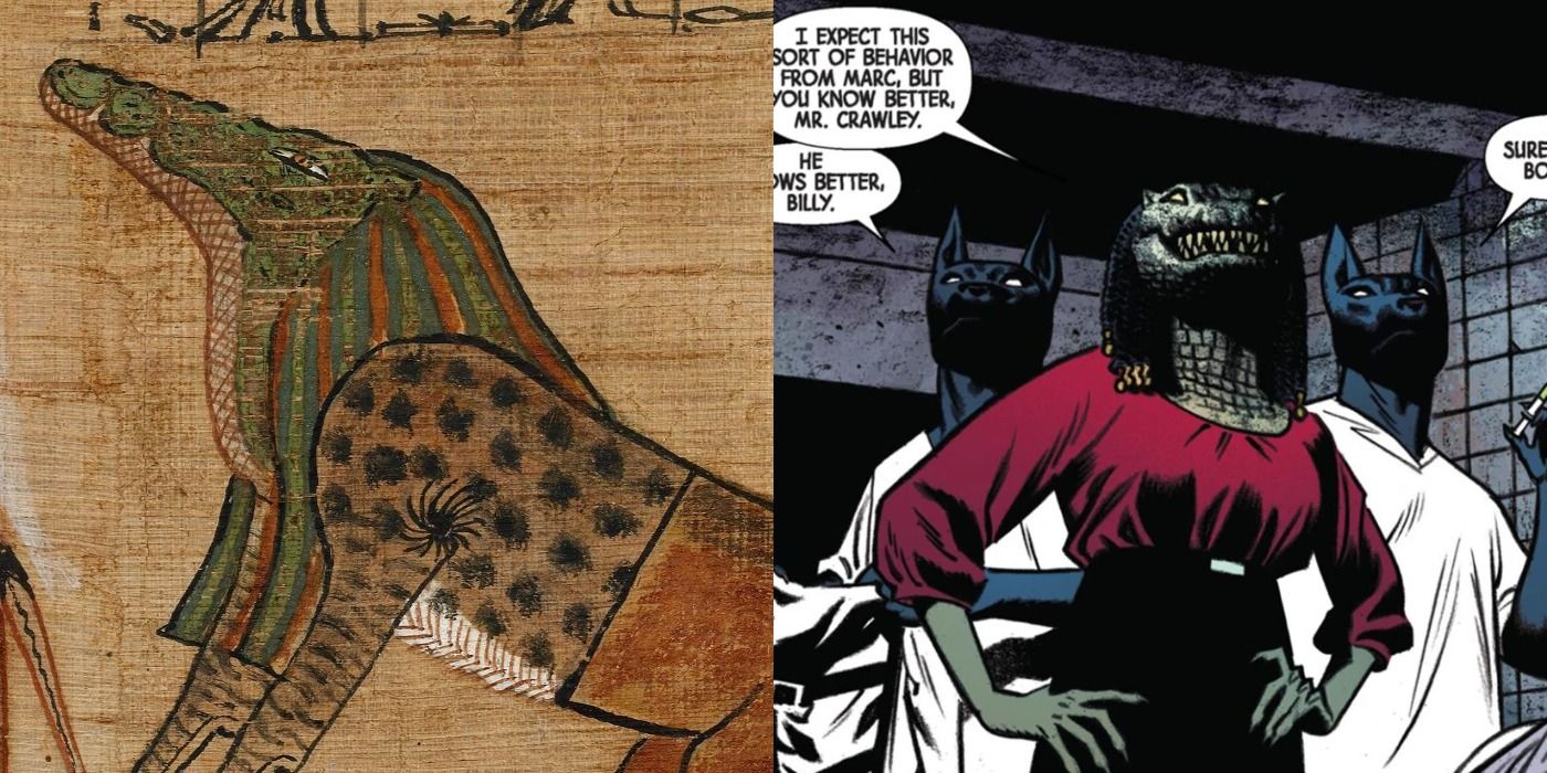 Split image of a relief of Ammit from MCU and the character from Marvel Comics.