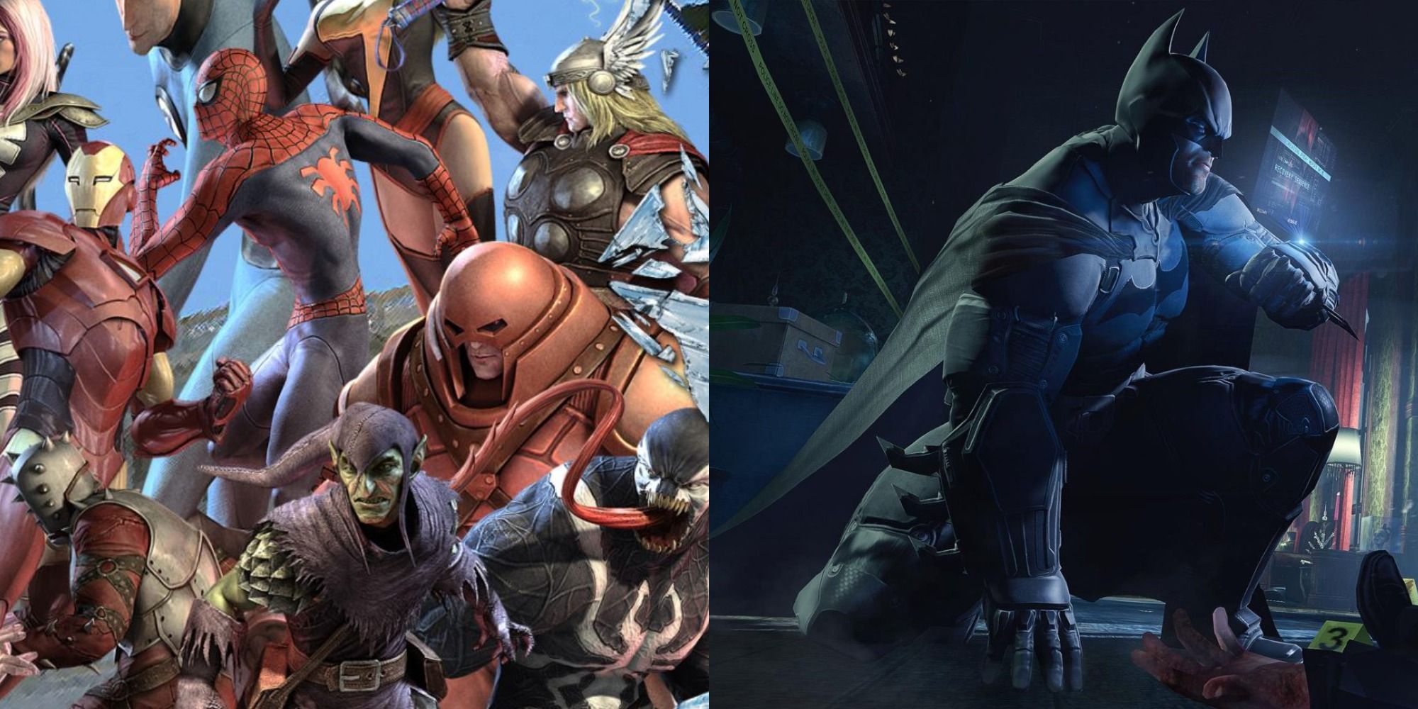 Split image of heroes and villains in Ultimate Alliance 2 and Batman at a crime scene in Batman Arkham Origins