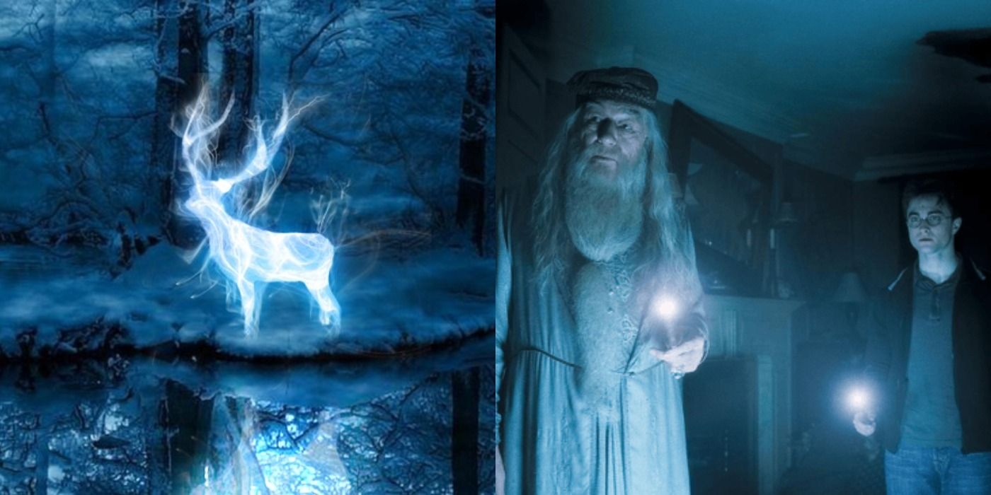 Split image of stag patronus and Dumbledore & Harry using Lumos in Harry Potter
