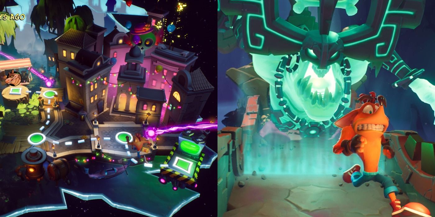 Split image of the Dimension Map and Crash in Crash Bandicoot 4 It's About Time