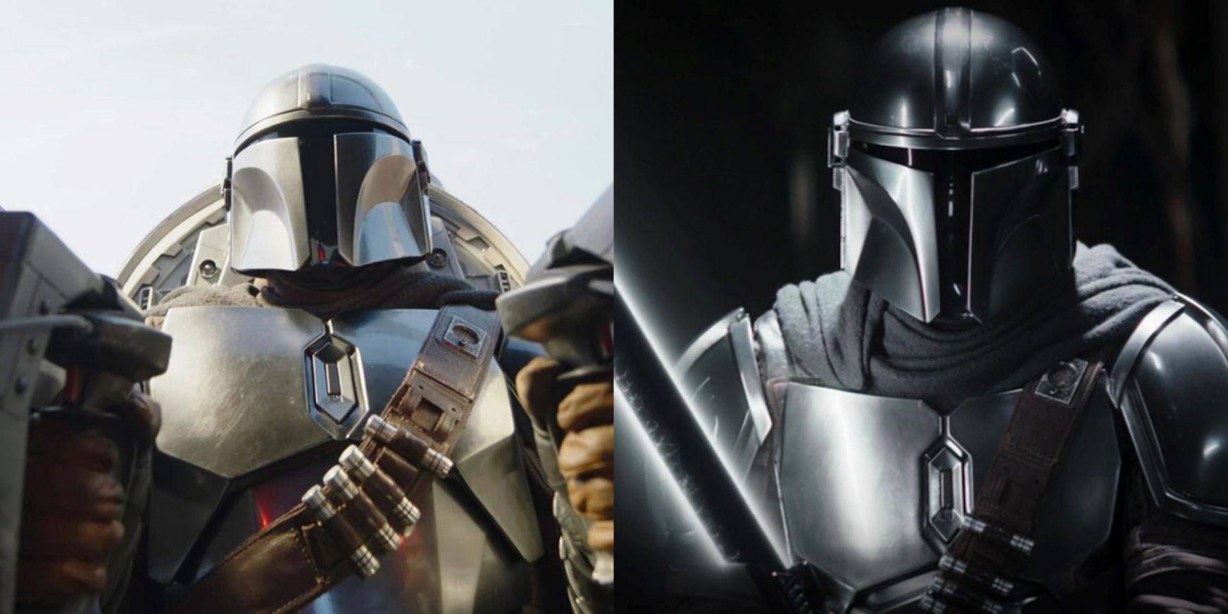 Split image of the Mandalorian flying his starfighter and wielding the Darksaber in The Book of Boba Fett