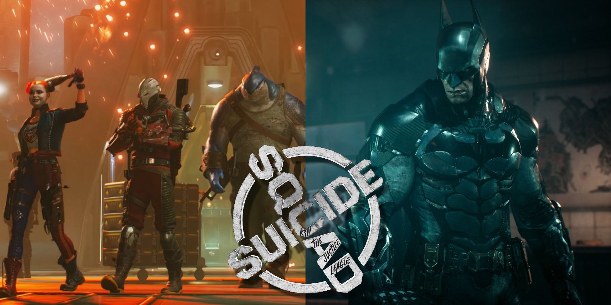 Split image of the Suicide Squad in Suicide Squad Kill The Justice League and Batman in Batman Arkham Knight