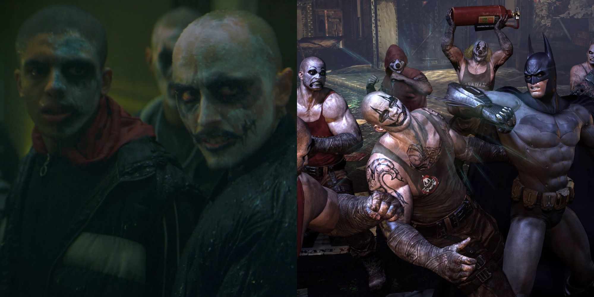Split image of the skull gang in The Batman 2022 and Batman fighting thugs in Batman Arkham City