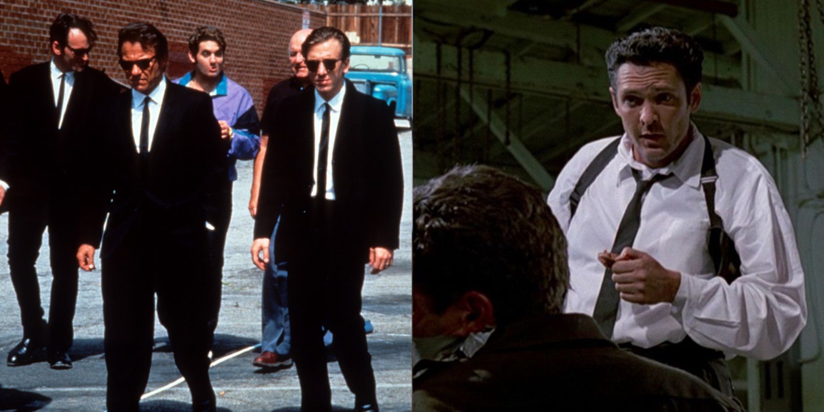 Split image of the thieves crossing a parking lot and Mr Blonde torturing a cop in Reservoir Dogs