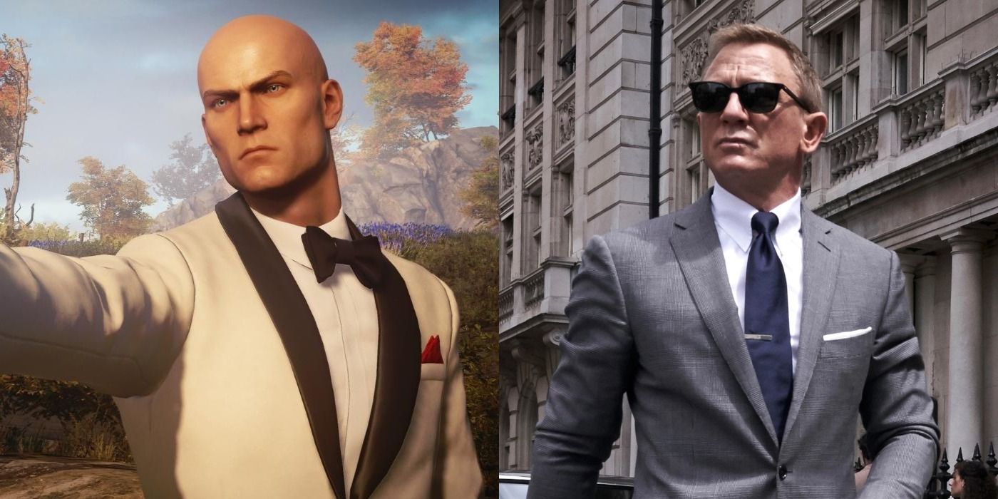 Split images of Agent 47 in Hitman 3 and James Bond in No Time to Die