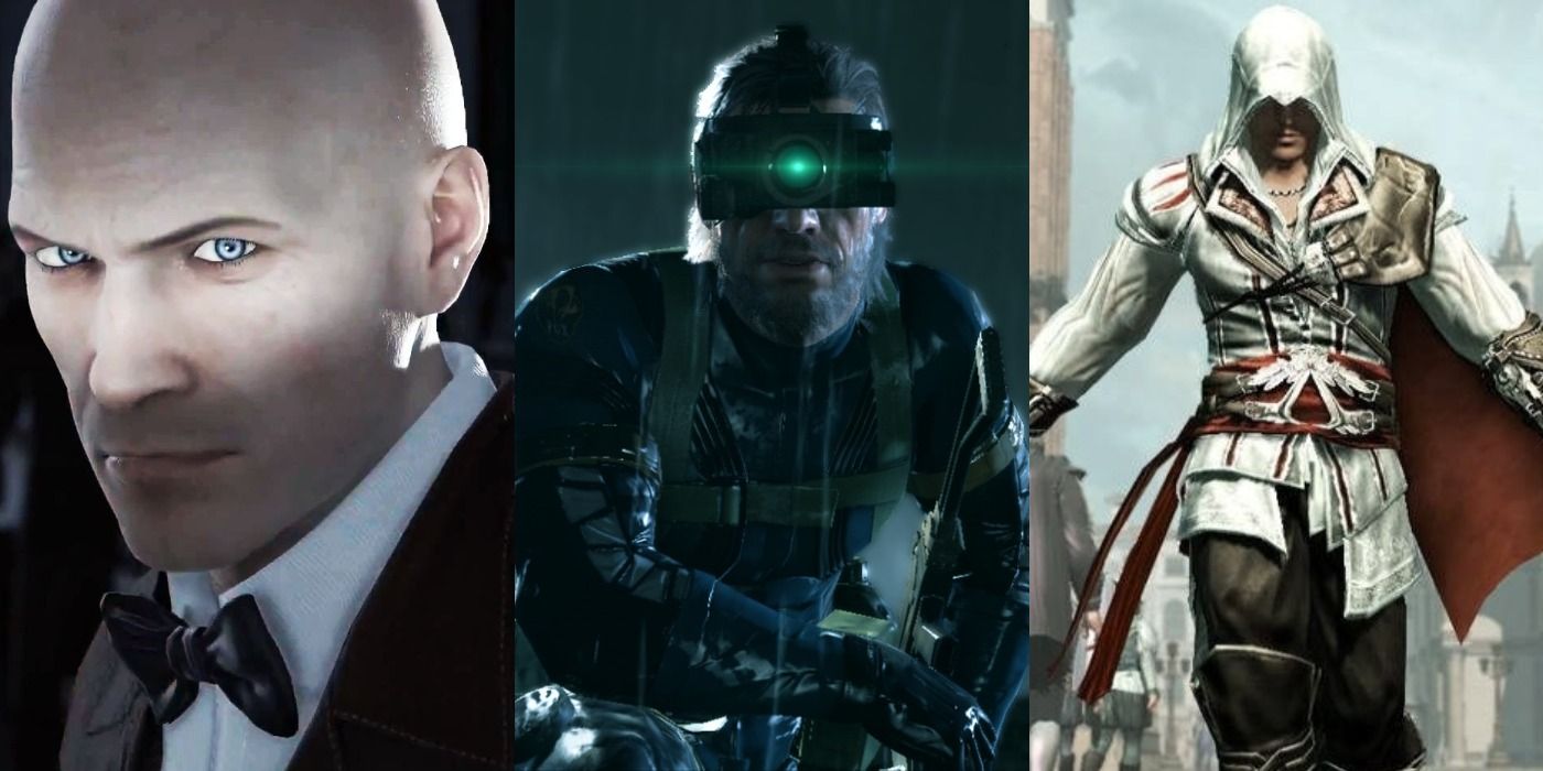 Split images of Agent 47 in Hitman, Big Boss in Metal Gear Solid V, and Ezio in Assassin's Creed II