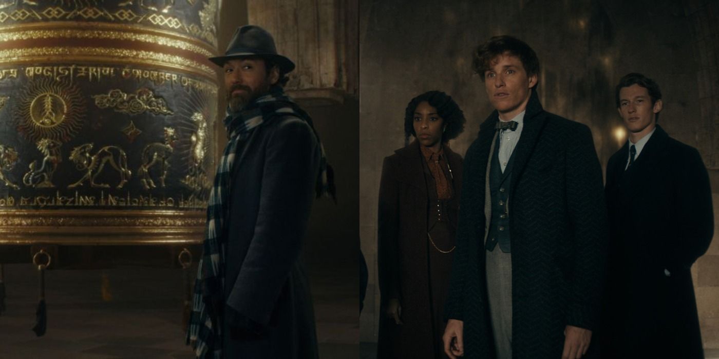 Split images of Albus Dumbeldore and his team of Newt, Lally, and Theseus in Fantastic Beasts 3