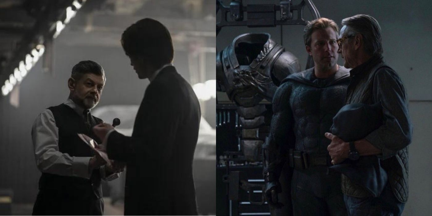 Split images of Batman and Alfred talking in The Batman and Dawn of Justice
