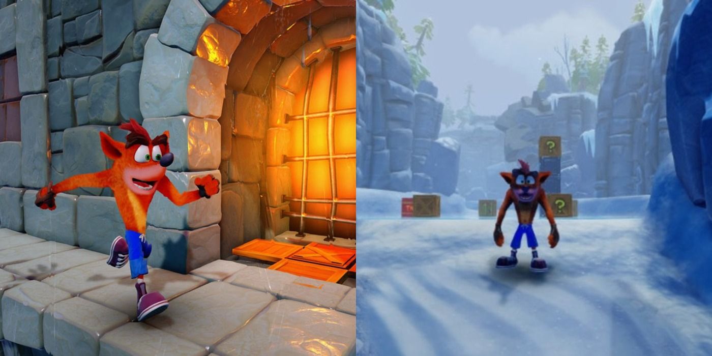 Split images of Crash Bandicoot in a dungeron and Crash Bandicoot in a snowy mountain