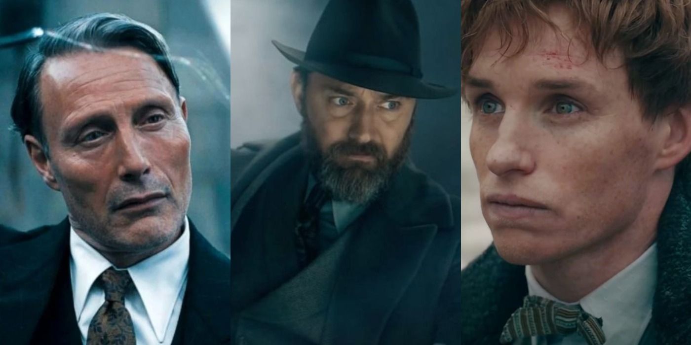 Split images of Grindelwald, Albus Dumbledore, and Newt Scamander in Fantastic Beasts 3