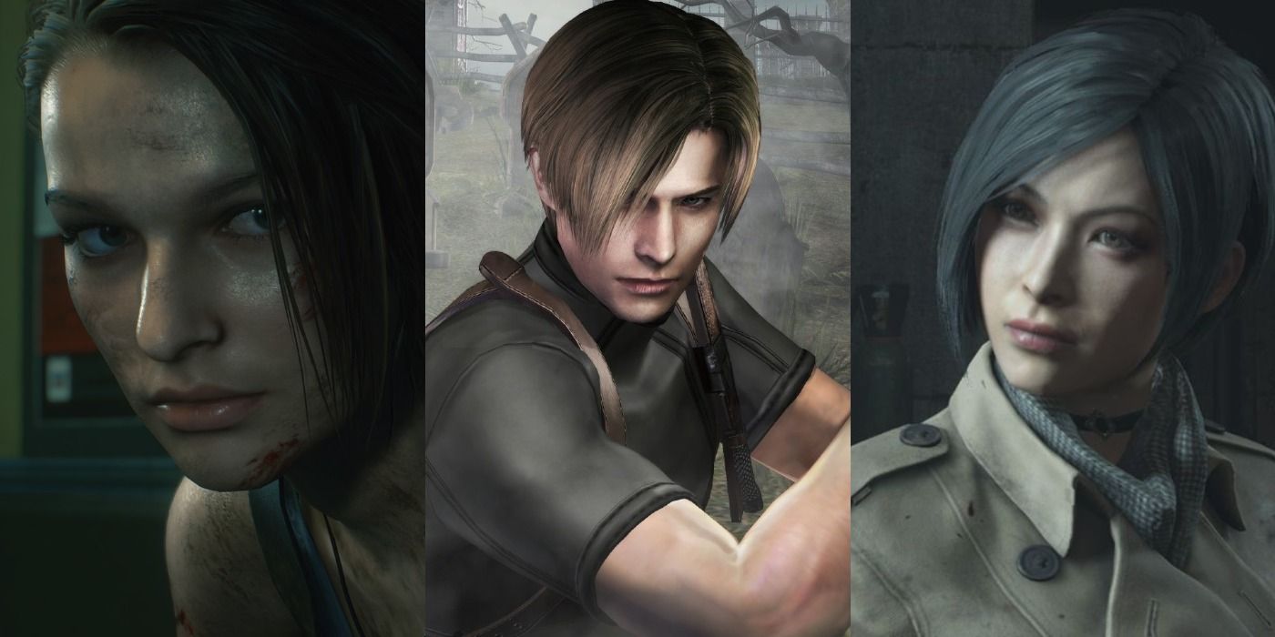 Split images of Jill Valentine, Leon S Kennedy, and Ada Wong in the Resident Evil series