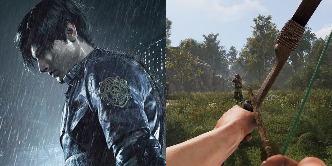 Split images of Leon Kennedy in Resident Evil 2 and a man pointing an arrow in Rust