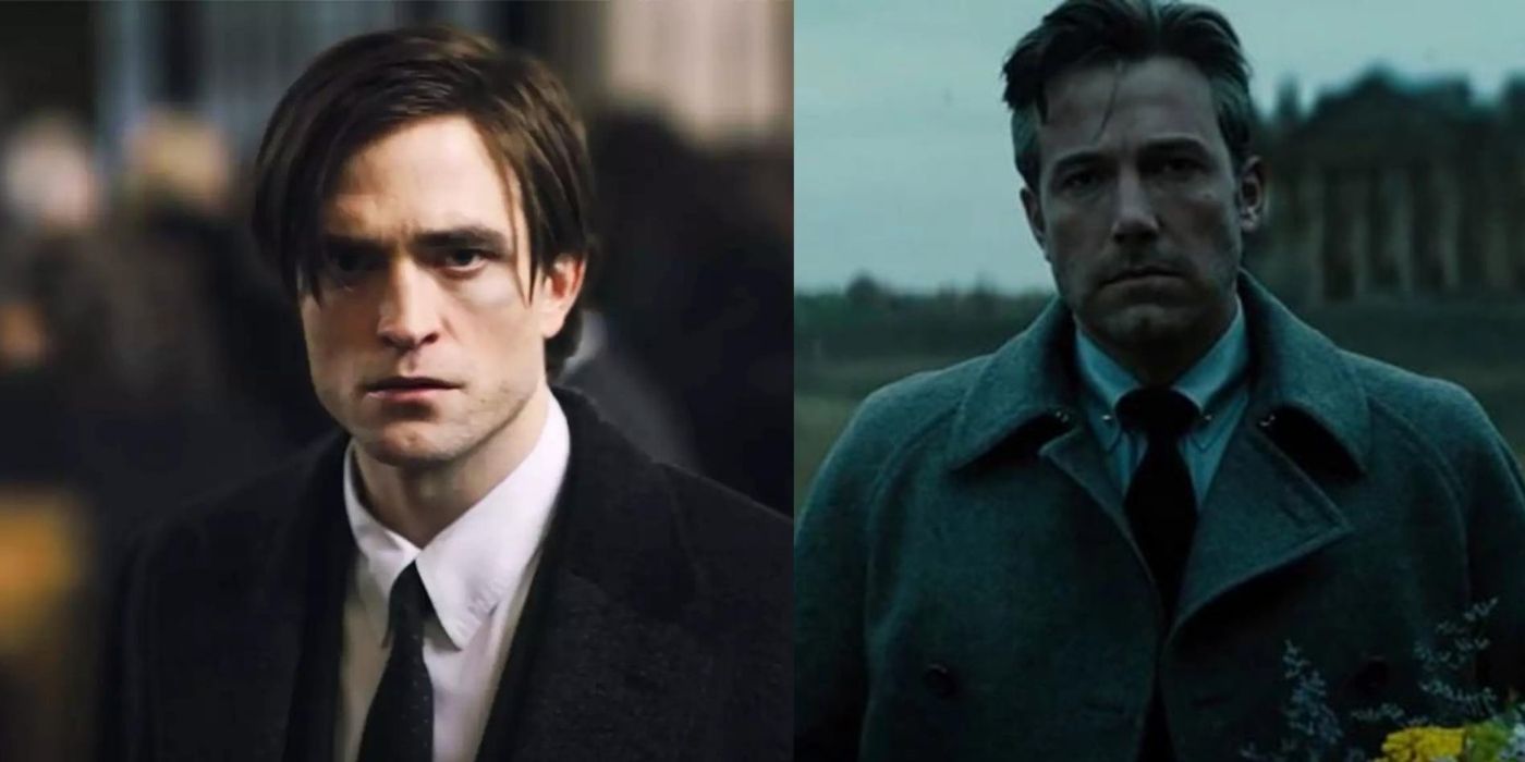 Split images of Pattinson and Affleck's Bruce Wayne looking at someone from a distance