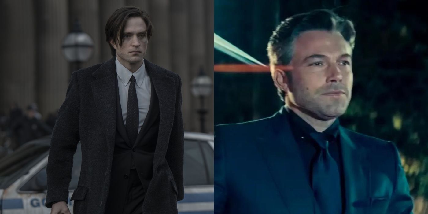 Split images of Pattinson and Affleck's Bruce Wayne looking sideways