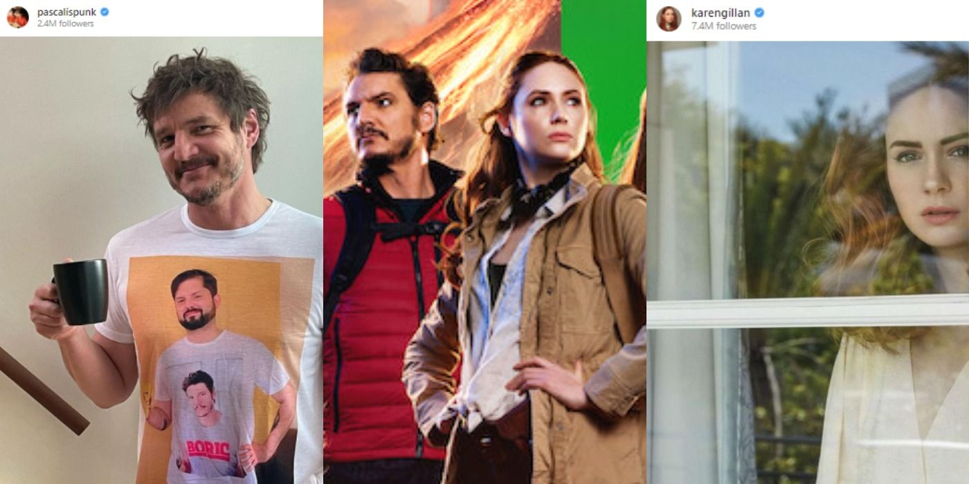 Split images of Pedro Pacal on Instagram, Karen Gillan and Pedro Pascal in The Bubble, and Karen Gillan on Instagram