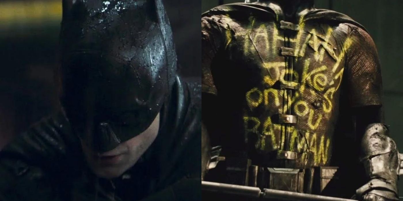 Split images of Robert Pattinson looking serious and a statue of Jason Todd's costume in Dawn of Justice