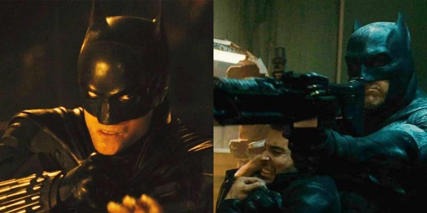 Split images of Robert Pattinson punching and Ben Affleck's Batman holding a gun