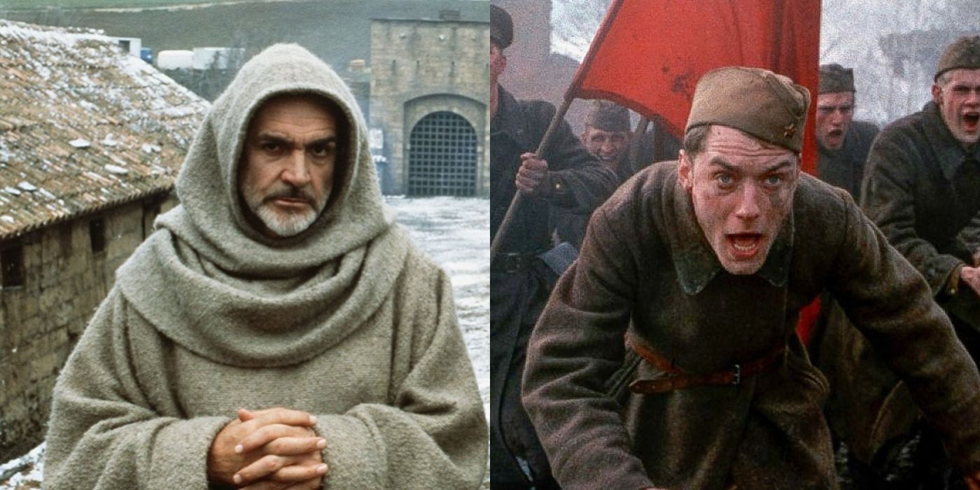 Split images of Sean Connery in The Name of the Rose and Jude Law in Enemy at the Gates