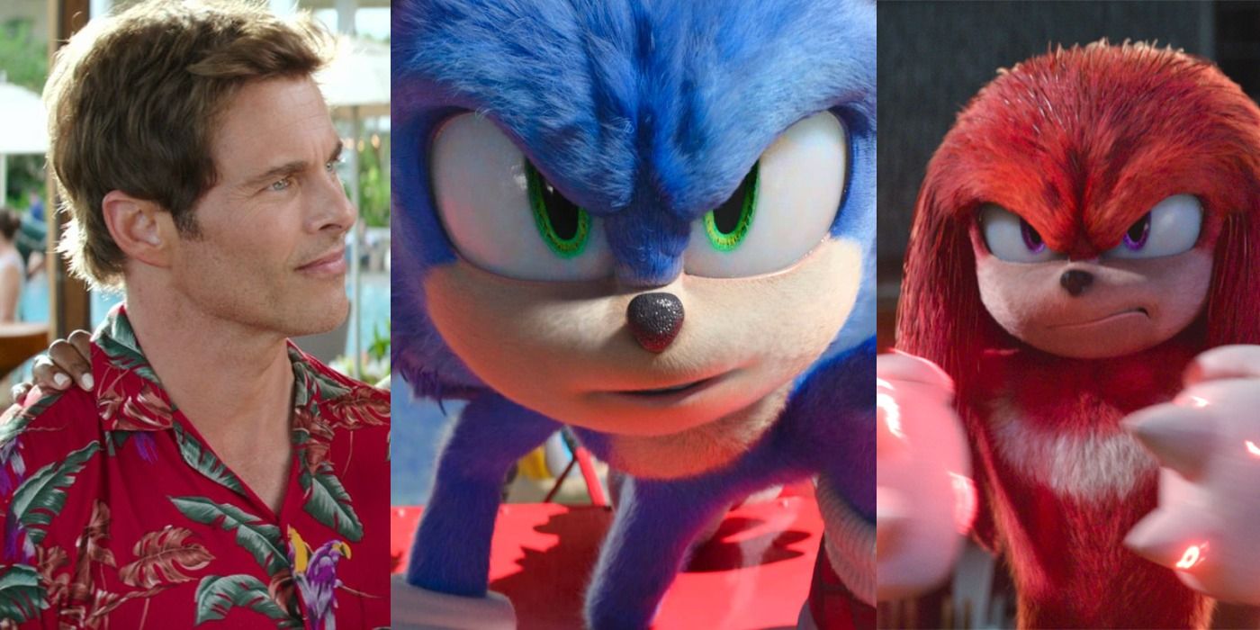 Split images of Tom Wachowski, Sonic, and Knuckles in Sonic the Hedgehog 2