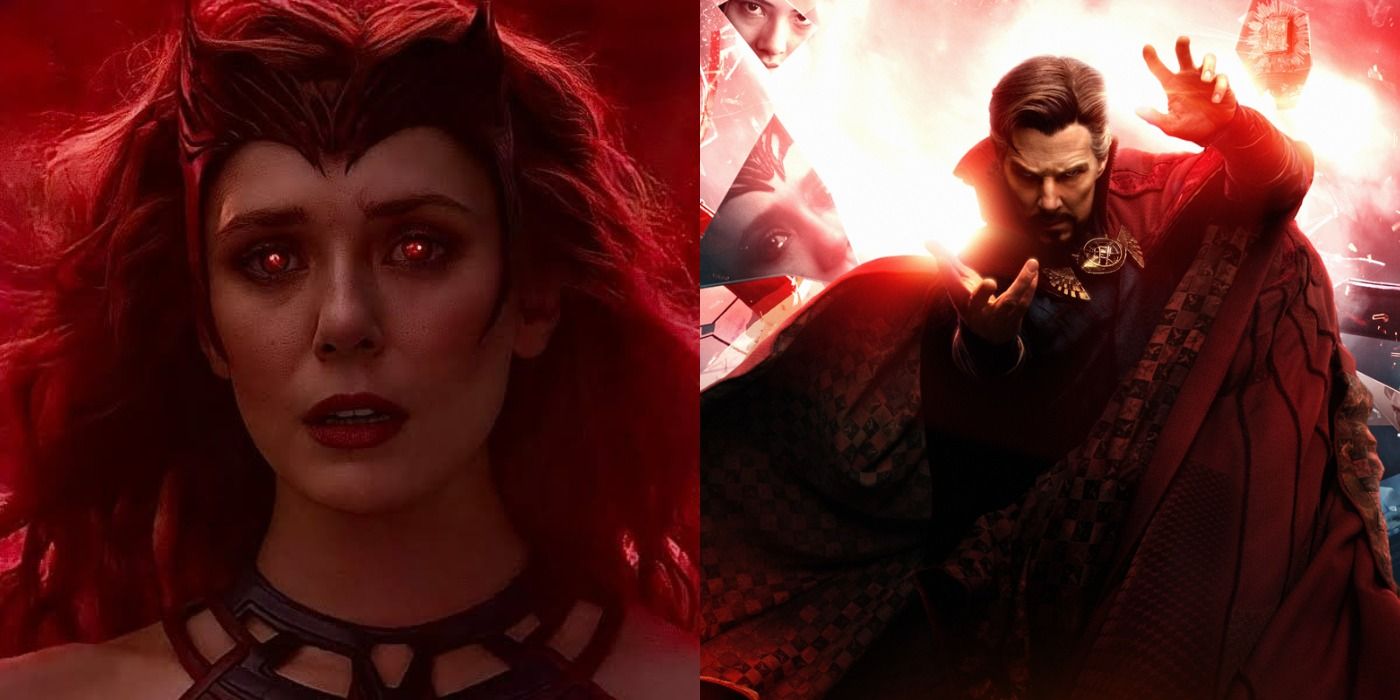 Split images of Wanda Maximoff in WandaVision and Doctor Strange in the Multiverse of Madness poster
