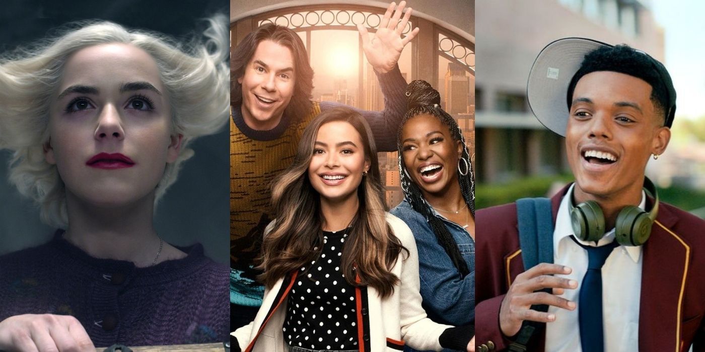 Split images of stills from Sabrina, iCarly, and Bel-Air