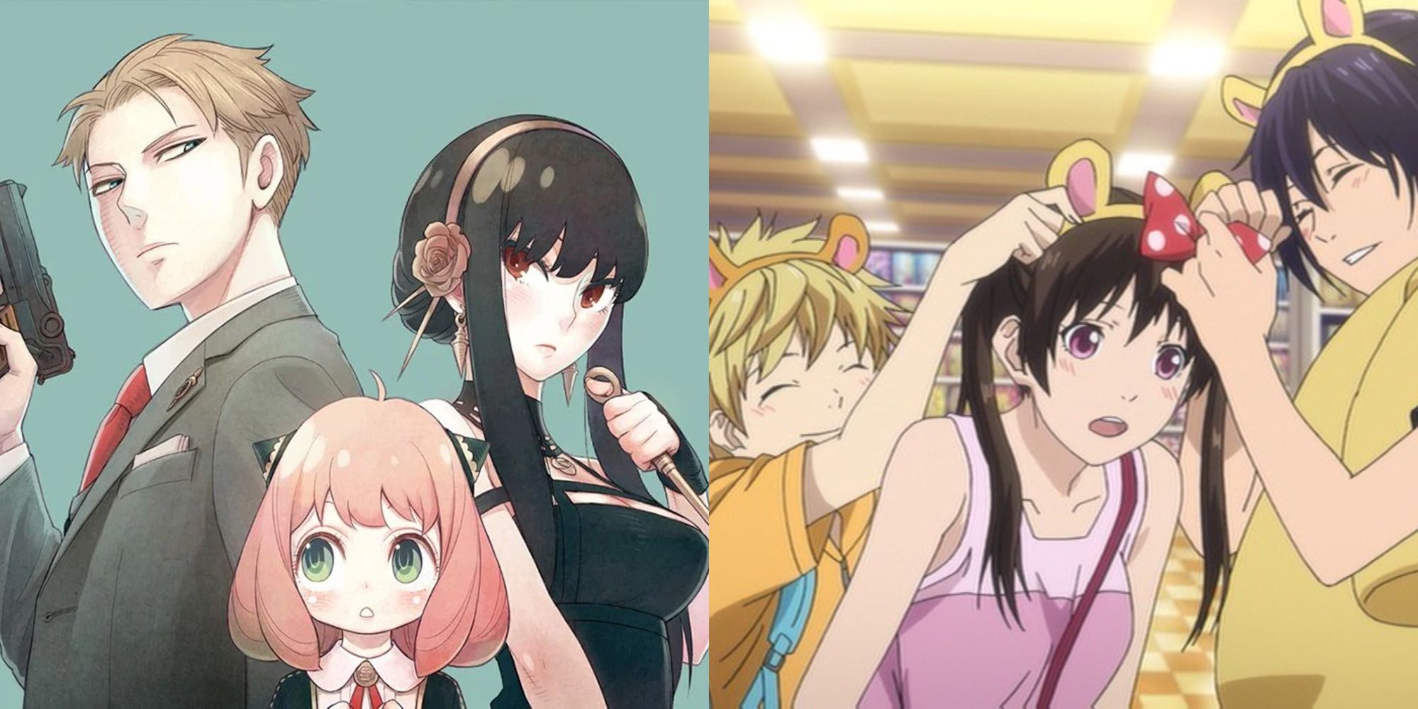 Split image showing characters from Spy x Family and Noragami.