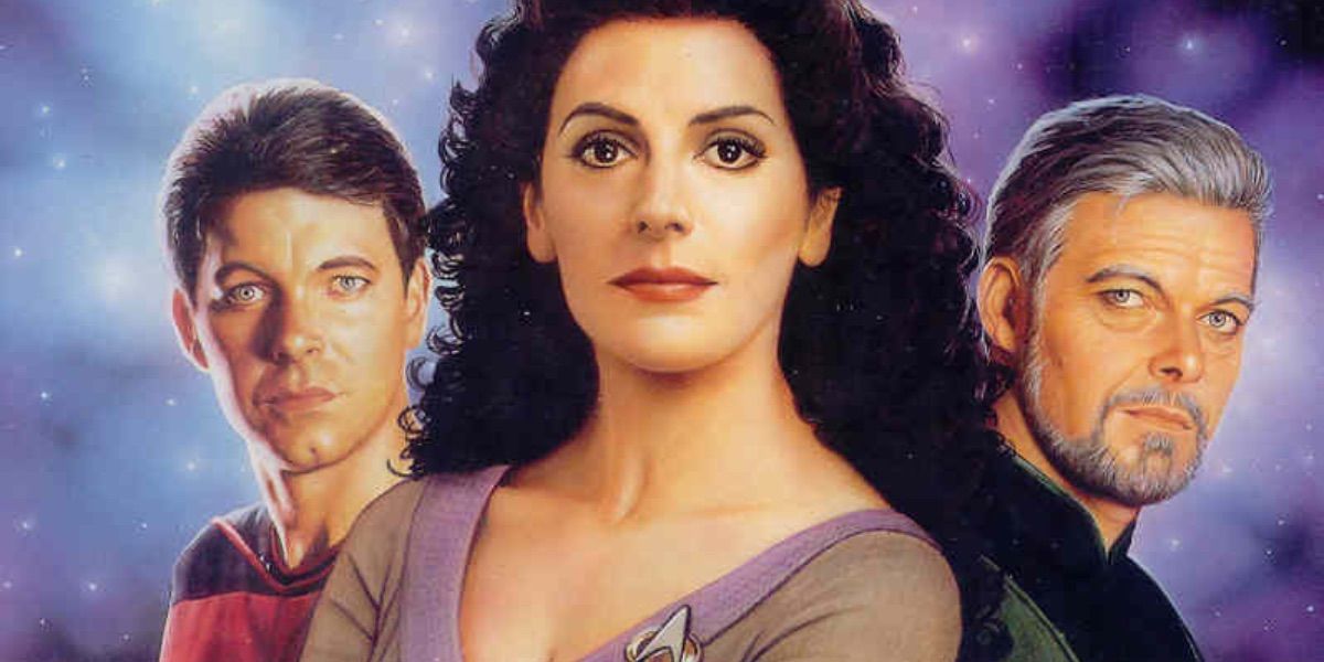Troi and two versions of Riker look on from the cover of Imzadi