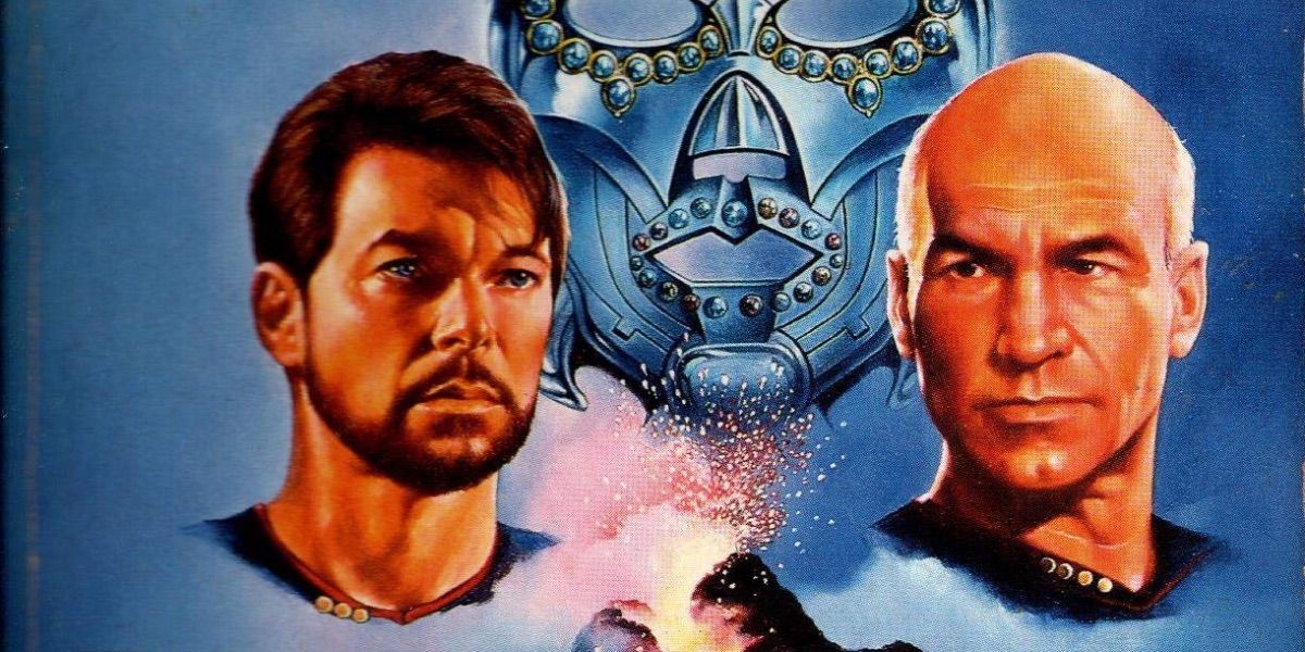 Riker and Picard look on from the cover of Masks