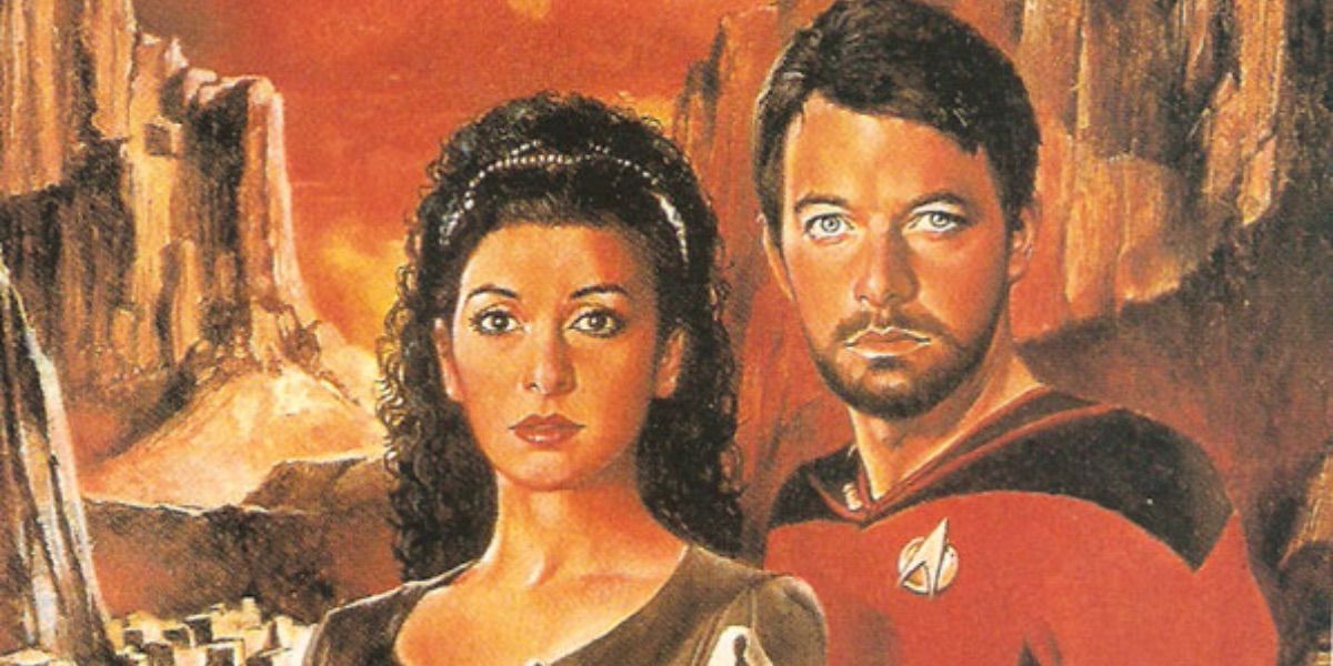 Riker and Troi look on from the cover of Power Hungry