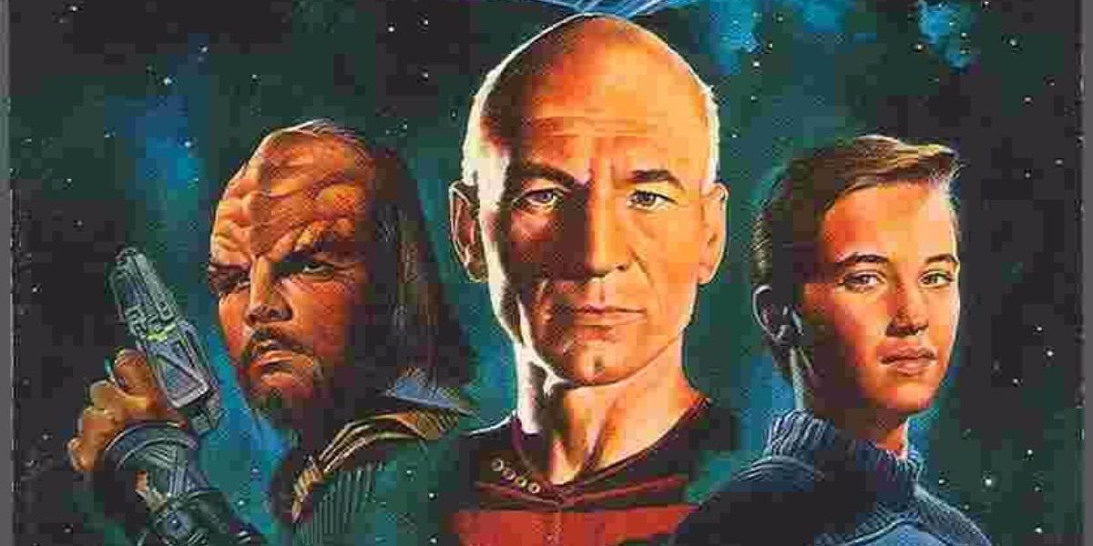 Picard, a Klingon, and Wesley Crusher look on from the cover of Strike Zone