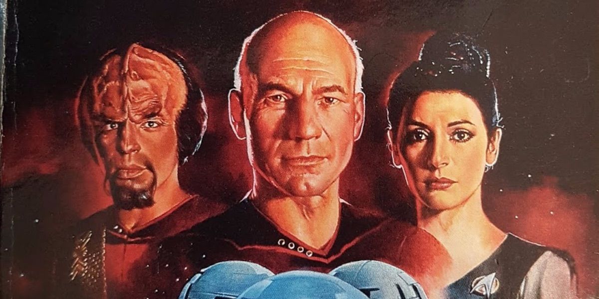 Worf, Picard, and Troi look on from the cover of Peacekeepers 