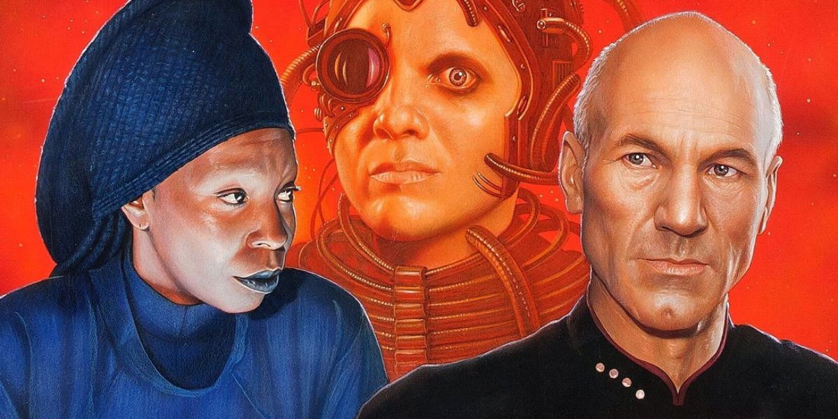 Guinan looks at Picard while a Borg looms in the background from Vendetta