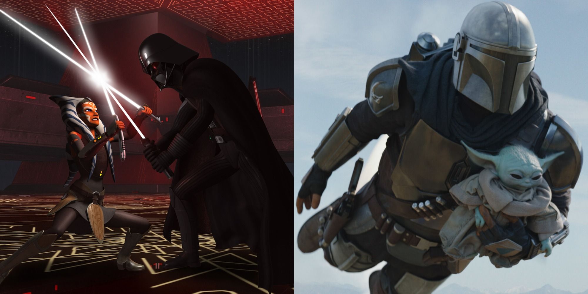 Split image of Ahsoka fighting Darth Vader and Din Djarin flying with Grogu