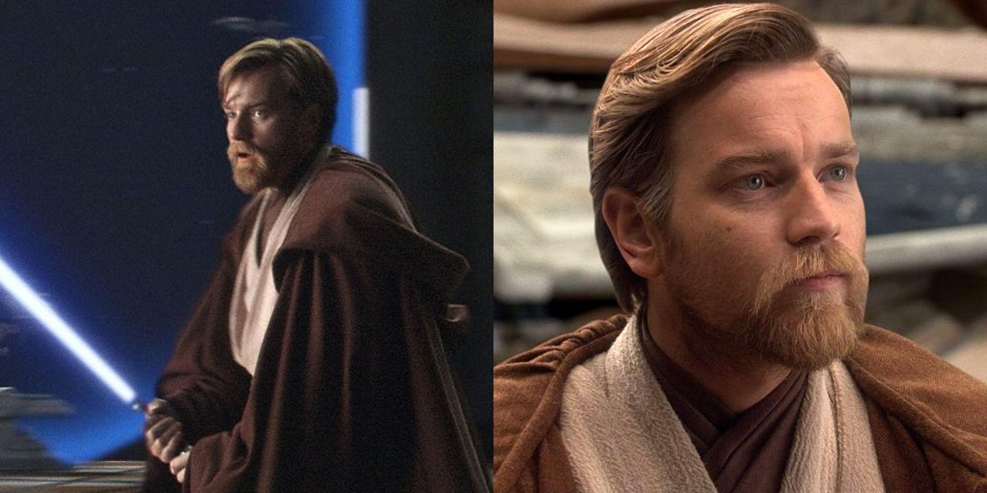 Split image showing Obi Wan with his lightsaber and looking confused in Star Wars.