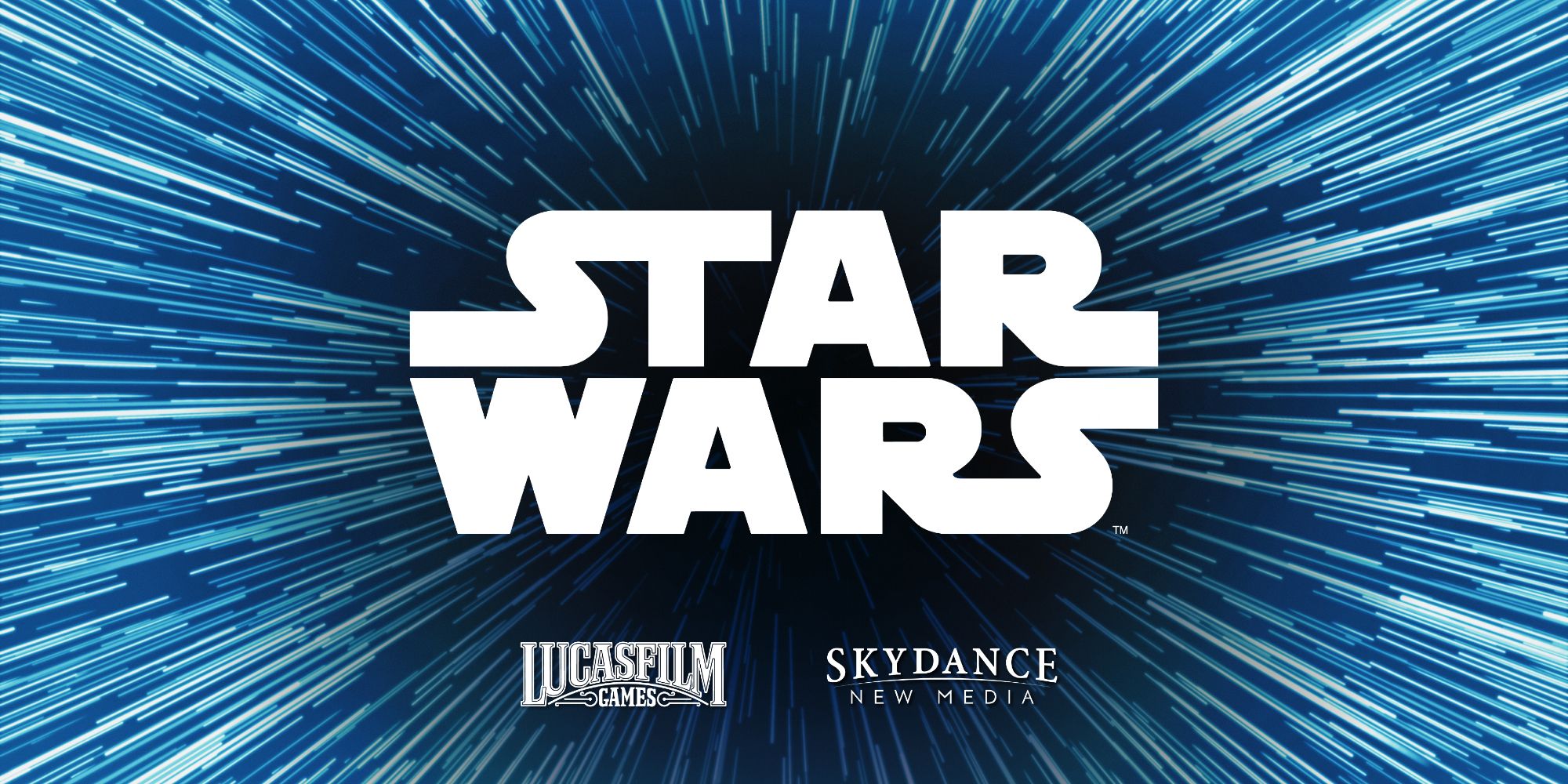Gambar logo Star Wars di tengah efek hyperdrive Star Wars dengan logo Lucasfilm dan Skydance di bawahnya.