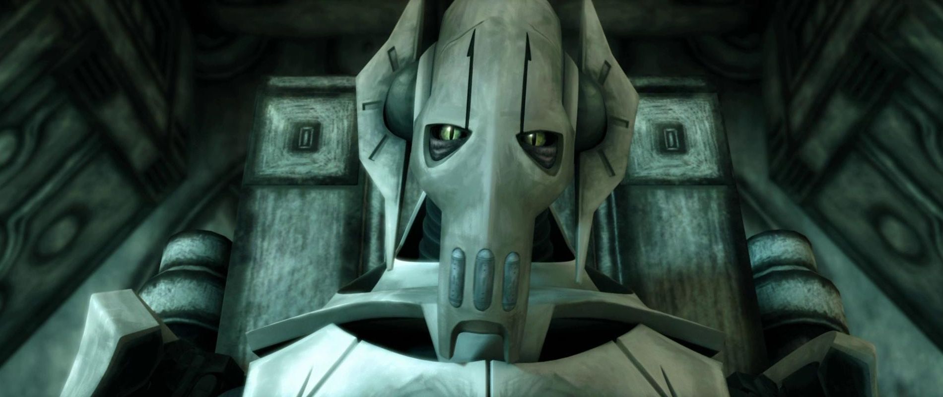 General Grievous sitting in a large grey chair in Star Wars The Clone Wars