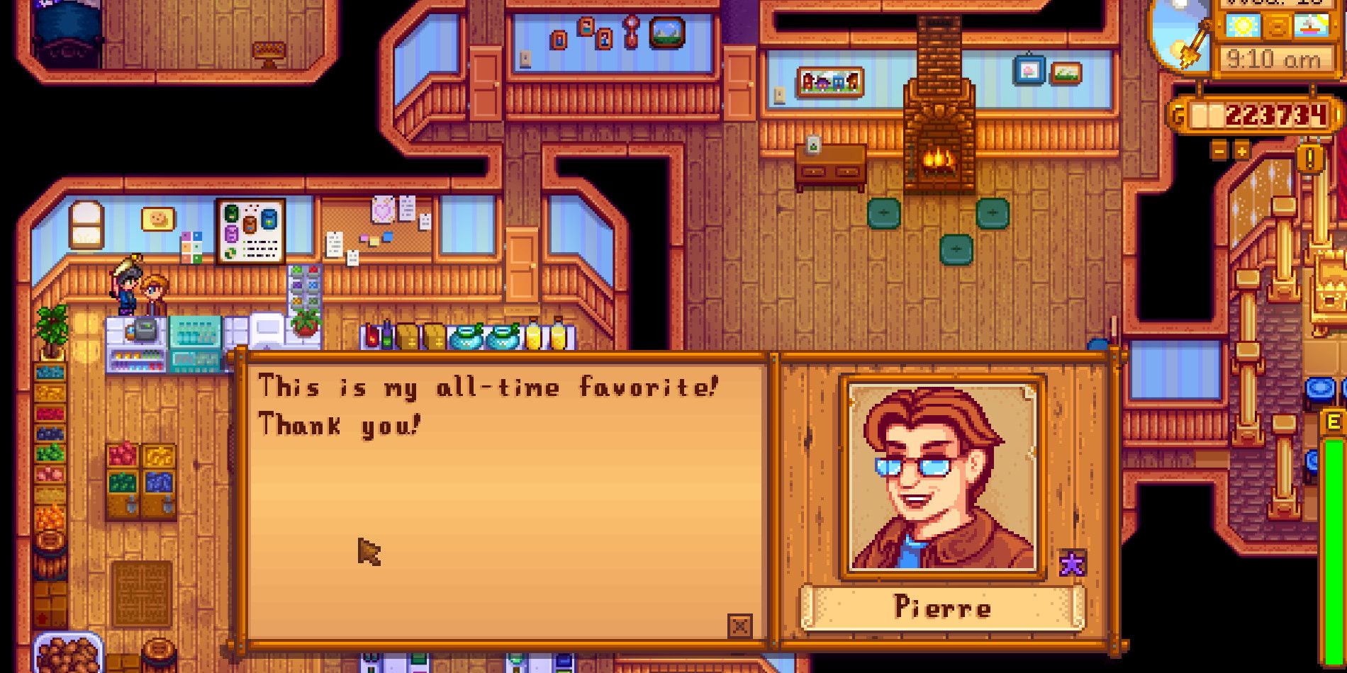 Pierre in Stardew Valley saying "Thank you!" after receiving a Rabbit's Foot as a gift