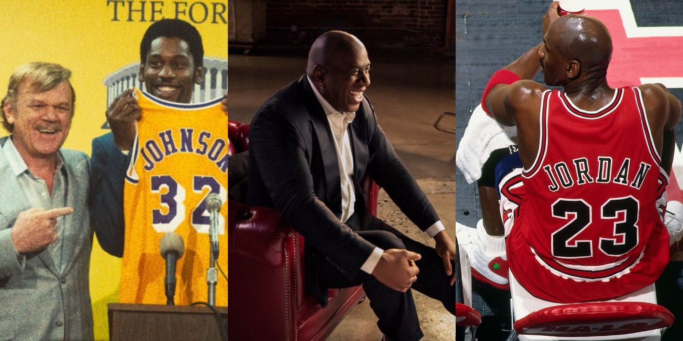 An image of Johnson holding a Lakers top, him sitting in an armchair, and him sitting on the bench for the Rockets