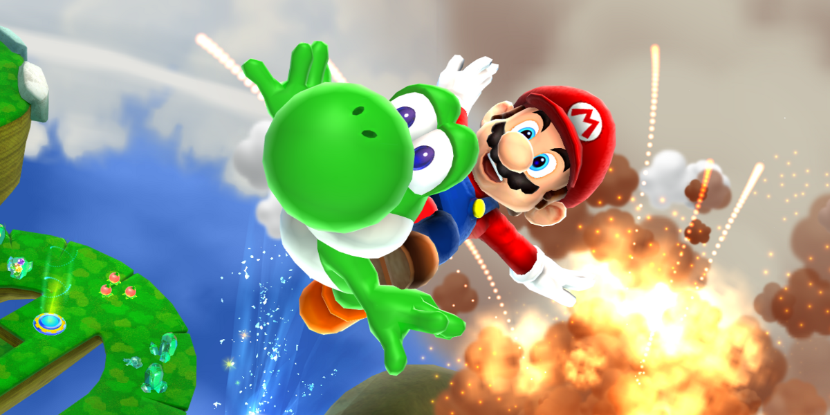 Mario riding Yoshi in Super Mario Galaxy 2