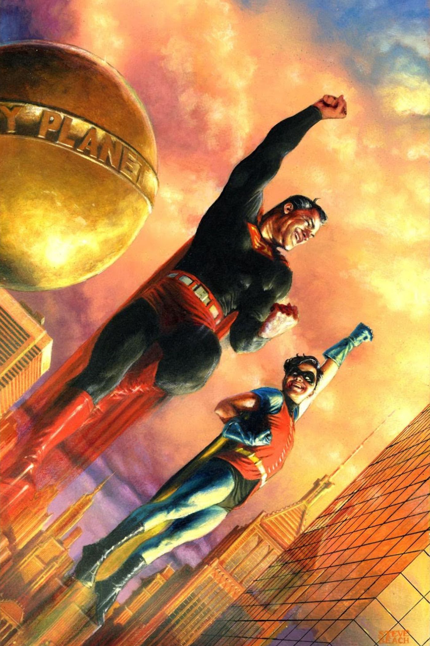 Superman and a Robin-esque Superboy flying through Metropolis.