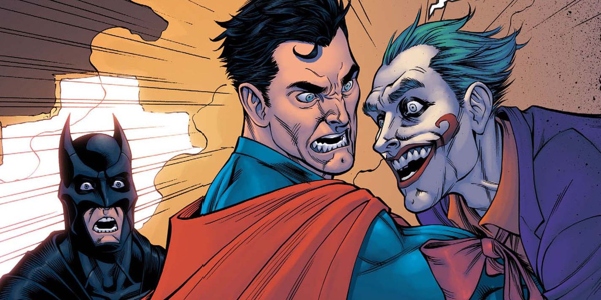 Superman killing the Joker while Batman looks shocked in Injustice Gods Among Us