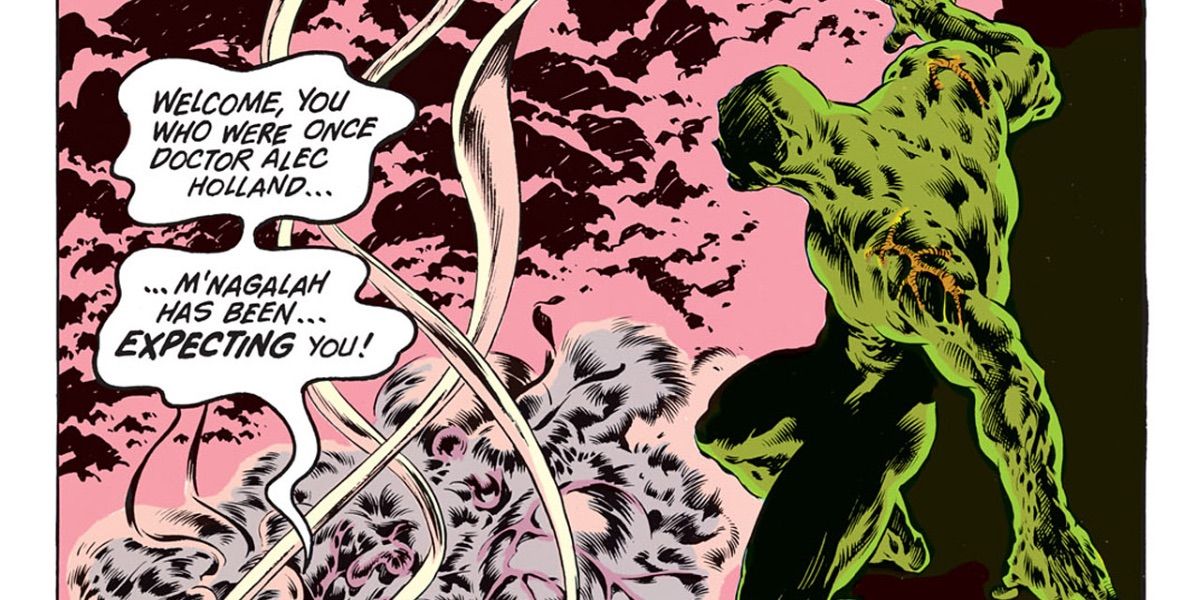 Swamp Thing looks down at M&rsquo;nagalah from Swamp Thing