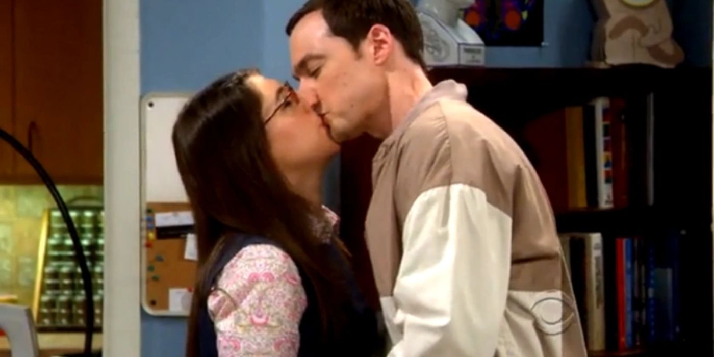 Amy and Sheldon kissing on The Big Bang Theory
