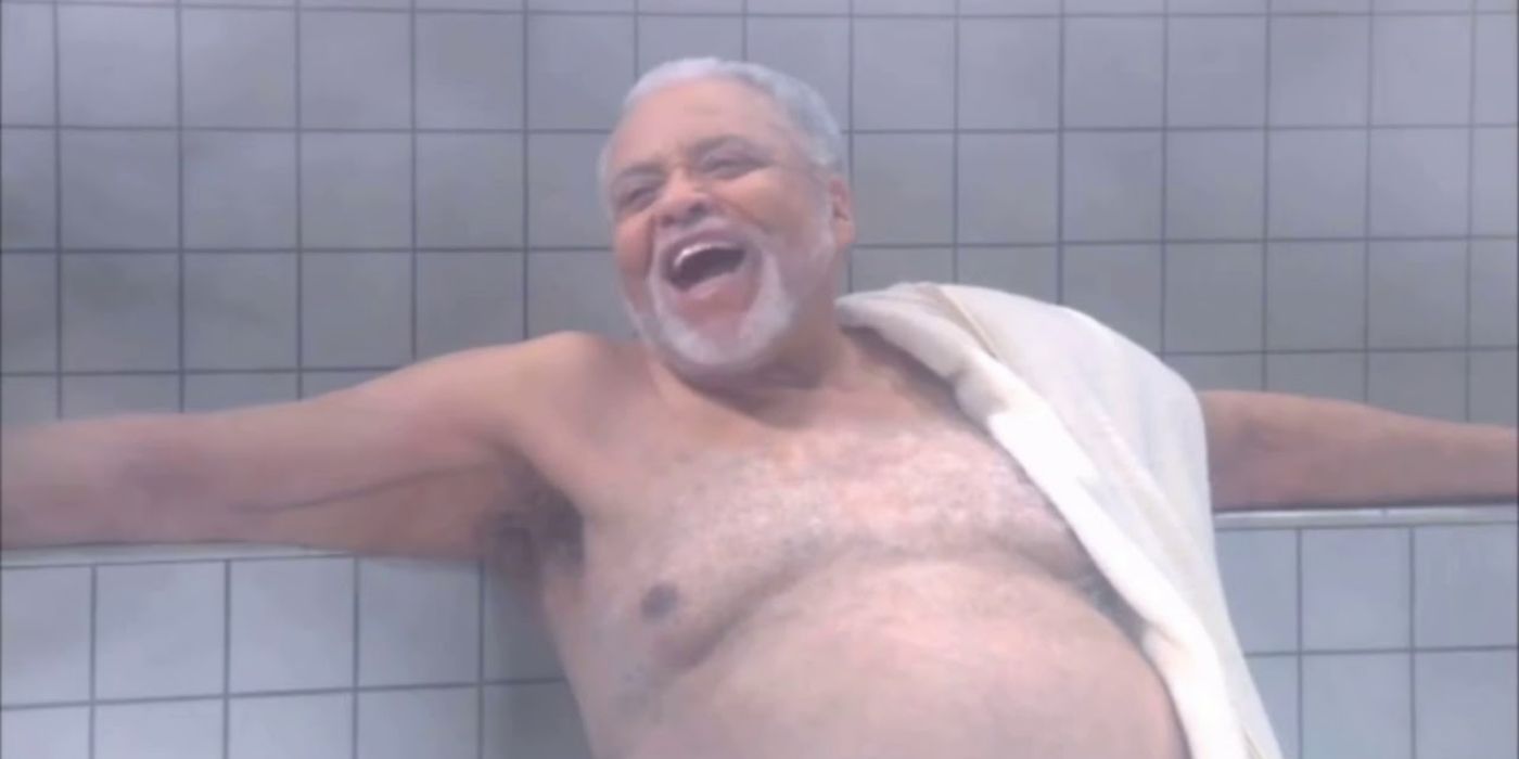 James Earl Jones sitting in a steam room in The Big Bang Theory