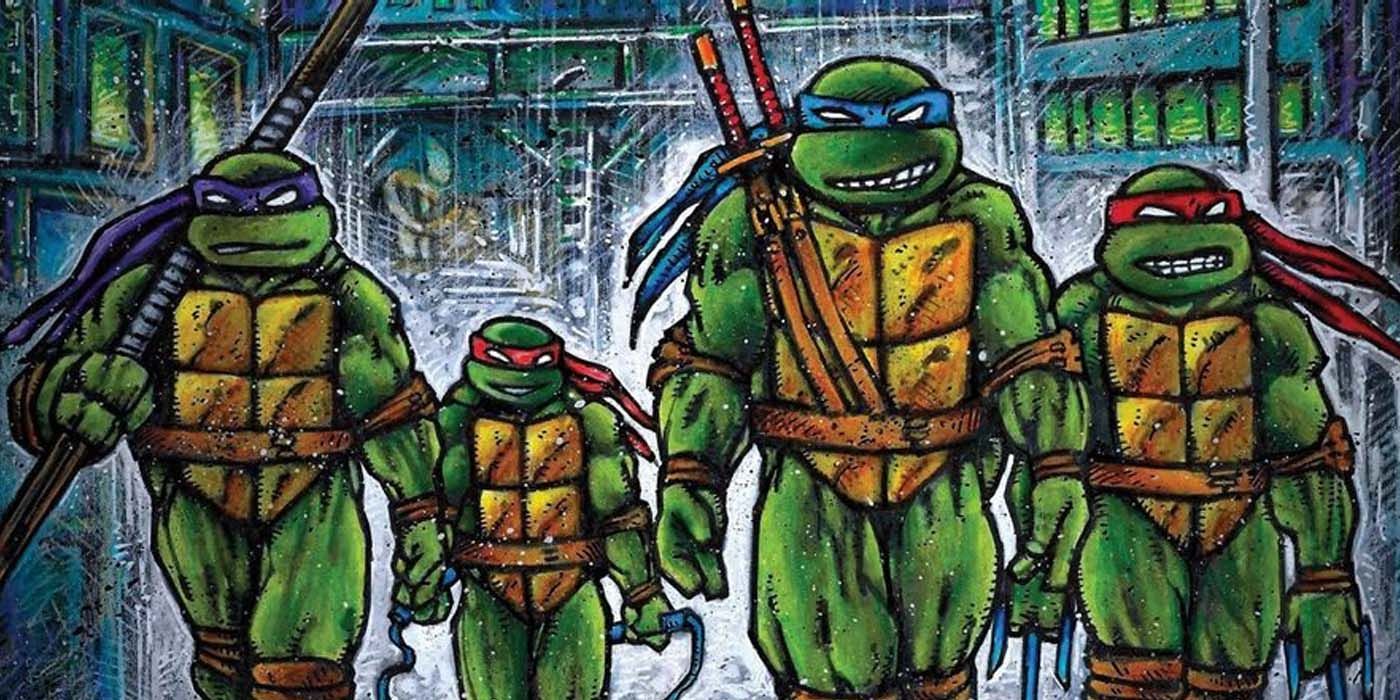 Teenage Mutant Ninja Turtles walk through the rain 