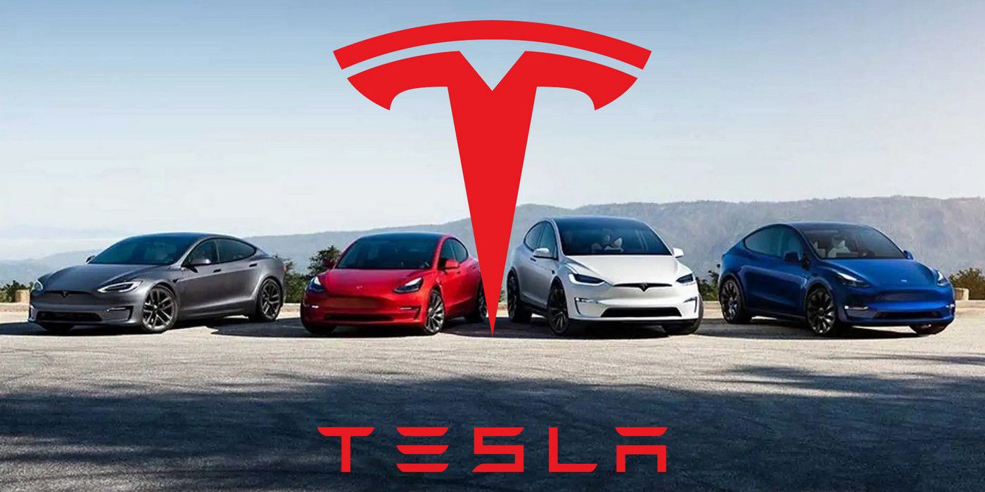 Tesla cars in charcoal, red, white, and blue with logo in red