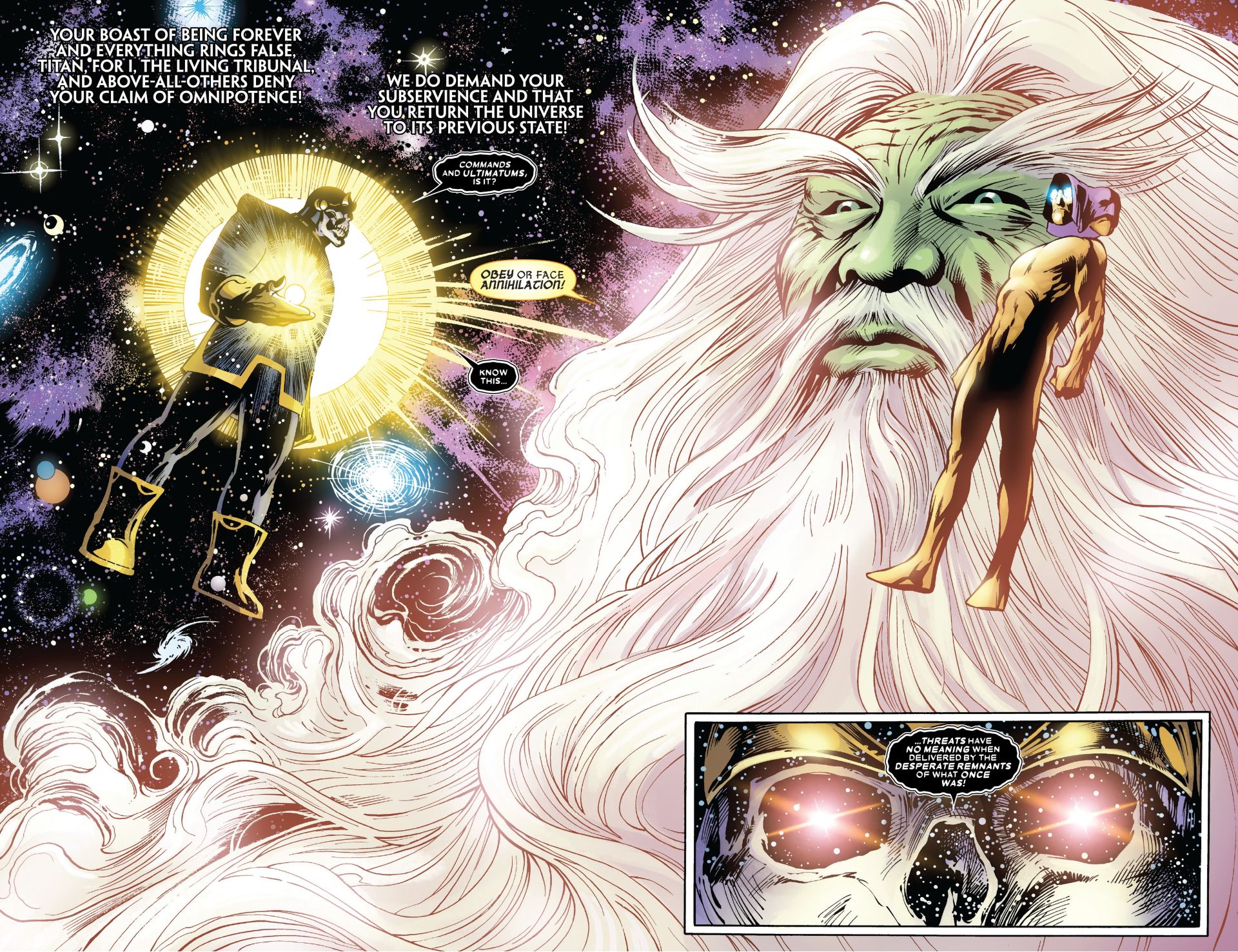 Thanos battles the One-Above-All and the Living Tribunal in Infinity Ending